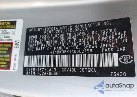 2010 Toyota Camry Xle V6 z USA, uszkodzony, nr VIN 4T1BK3EK4AU602758